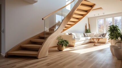 Modern natural ash tree wooden stairs in new house interior 8k, - obrazy, fototapety, plakaty
