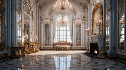 Luxurious vintage interior with fireplace in the aristocratic style. Large Windows and mirrors. Columns and arches, ornament on the glossy floor 8k, - obrazy, fototapety, plakaty