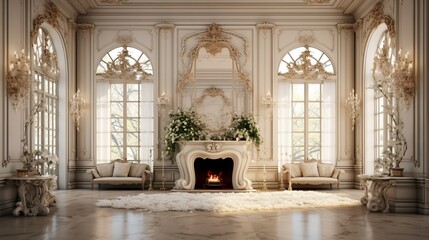 Luxurious vintage interior with fireplace in the aristocratic style. Large Windows and mirrors. Columns and arches, ornament on the glossy floor 8k,