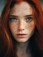 closeup woman freckled hair blue eyes ember biological ginger absurdly young red wall shapeshifter irish genes princess mid female - obrazy, fototapety, plakaty