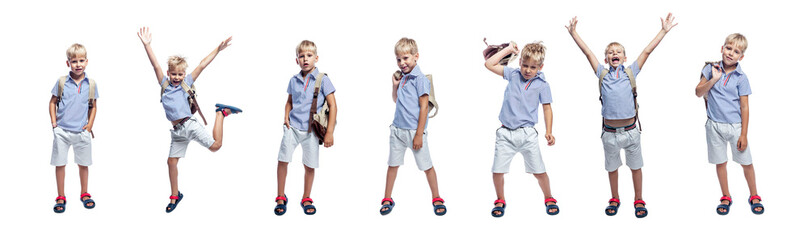 Fototapeta premium Schoolboy boy with a backpack in different poses. Training and knowledge. Collage, set. Isolated on a white background. Full height. Panorama format.