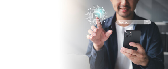 Ai tech, businessman show virtual graphic Global Internet connect Chat gpt Chat with AI, Artificial...