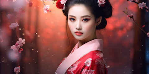 a beautiful japanese model in kimono costume, sakura blossom background, copy space 