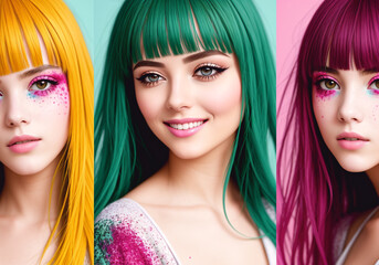 Naklejka premium Fashion portrait of group of beautiful young woman with colorful hairstyle and makeup. Generative AI.