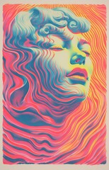 Beautiful face in surreal retro vintage style, neon colours, screen printed, hair flowing, poster style illustration perfect for packaging or products