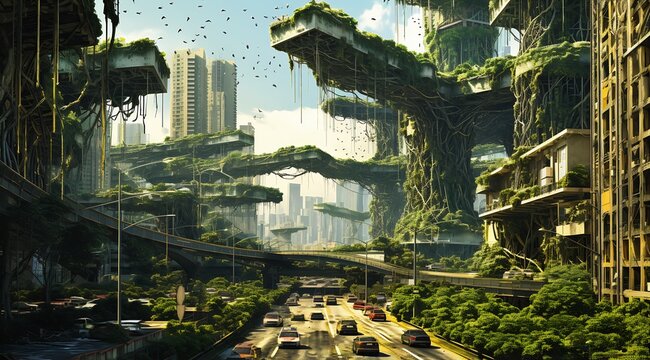 City Lot Tall Buildings Lots Trees Frame Prometheus Movie Abandoned Vehicles Wild Forest Vegetation Grove Vertical Gardens Freeway Iso