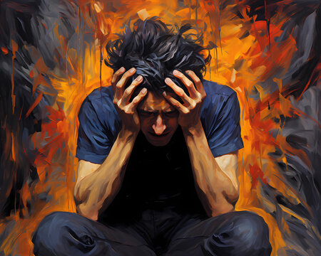 digital illustration painting of worried man with anxiety generated by ai