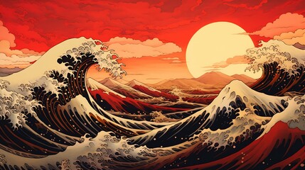sunset large wave red sky shogun era mystery quotient ripple avatar visual deep still - obrazy, fototapety, plakaty
