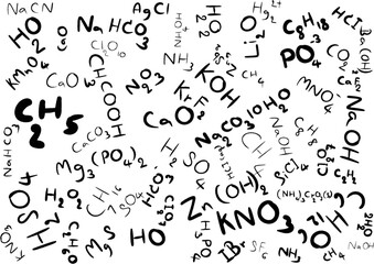 pattern with scientific chemical formula in hand writing black line on white background 