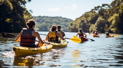 Gather of cheerful individuals on a kayaks
