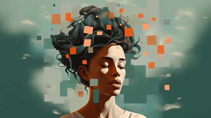 A surrealistic portrait of a female subject, artistically representing the concept of mental health. Complexity of thoughts, emotions, and various mental states, a deep insight into the human psyche. - obrazy, fototapety, plakaty