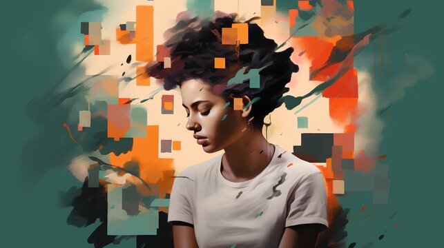 A surrealistic portrait of a female subject, artistically representing the concept of mental health. Complexity of thoughts, emotions, and various mental states, a deep insight into the human psyche.