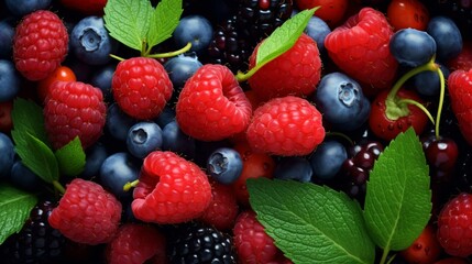 Capture the vibrant colors of a closeup of a cluster of mixed berries with sharp clarity.