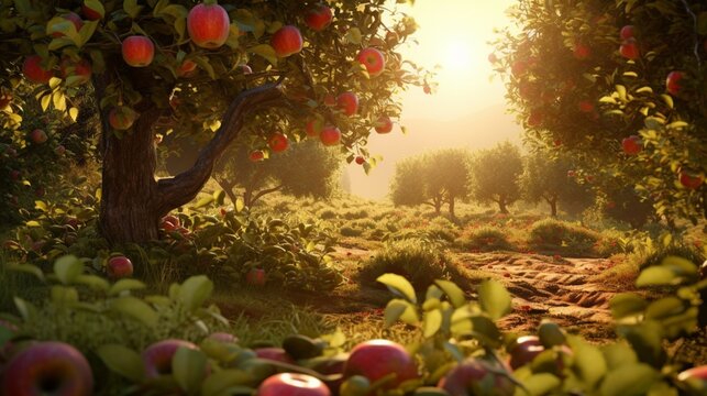 "Capture the vivid essence of a sun-kissed orchard, where ripe apples and pears glisten in the morning dew."