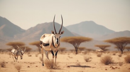 Gemsbok or south african oryx touching on bone-dry arrive in amazingly dry parched districts of southern africa with mountains in foundation - obrazy, fototapety, plakaty