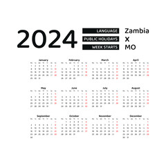 Zambia Calendar 2024. Week starts from Monday. Vector graphic design. English language.