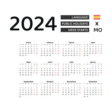 Calendar 2024 Spanish language with Spain public holidays. Week starts from Monday. Graphic design vector illustration.