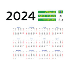 Brazil Calendar 2024. Week starts from Sunday. Vector graphic design. Portuguese language.