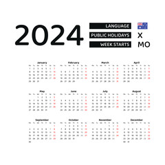 Australia Calendar 2024. Week starts from Monday. Vector graphic design. English language.