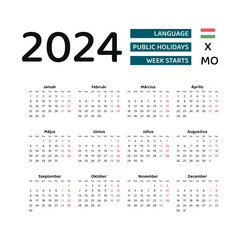 Hungary calendar 2024. Week starts from Monday. Vector graphic design. Hungarian language.