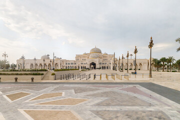 View from the window of a tourist bus on the presidential palace - Qasr Al Watan in Abu Dhabi city,...