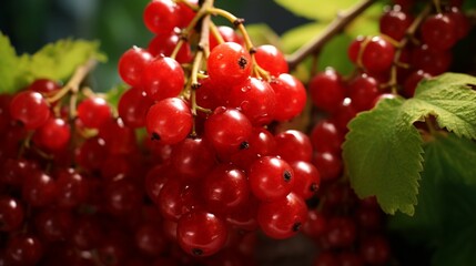 Create an elegant closeup of a bunch of plump, red currants, each one vivid.