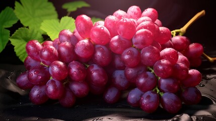 Create an elegant image of a bunch of red grapes, each one glistening with realism.