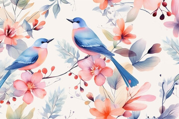 Wild flower and birds in colourful spring background. Hand drawn, watercolour style