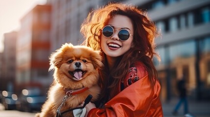 Grinning Fashionable person Young lady with her Canine and Bicycle within the City Conditioned and Sifted Photo with Bokeh and Duplicate Space Urban Youth Way of life Concept
