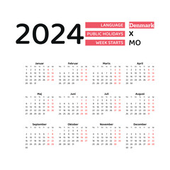 Denmark Calendar 2024. Week starts from Monday. Vector graphic design. Danish language.