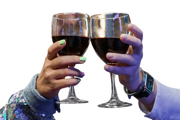 Two hands clinking glasses of red wine close-up holiday atmosphere birthday on white background isolated