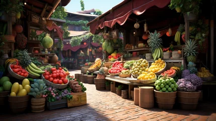 Wandcirkels tuinposter "Evoke the charm of a rustic market stall with an assortment of fresh, colorful fruits, each exuding its unique freshness." © Haani