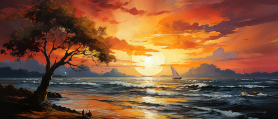Tropical sunset. Seascape with tree and sailboat. Digital oil color painting illustration.
