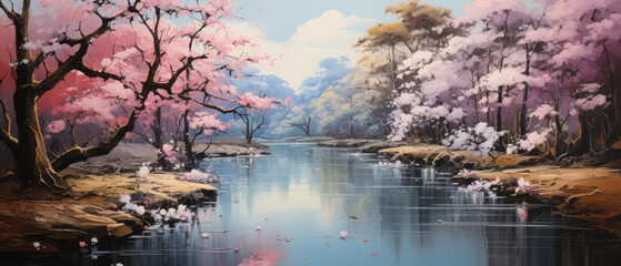 Digital painting of Sakura blossom in the forest with water reflection. Digital oil color painting illustration.