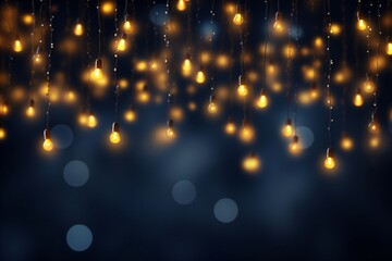 Obraz na płótnie Canvas Realistic hanging Christmas lights garlands on dark blue background with effect bokeh Generative AI