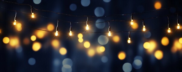 Fototapeta na wymiar Realistic hanging Christmas lights garlands on dark blue background with effect bokeh Generative AI