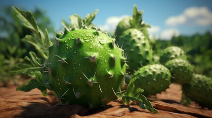 Produce a high-definition image capturing the natural beauty of a fresh, green horned melon. - obrazy, fototapety, plakaty