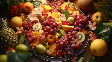 "Produce a lifelike depiction of a plate adorned with a medley of tropical fruits."