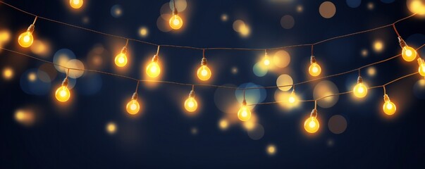Realistic hanging Christmas lights garlands on dark blue background with effect bokeh Generative AI