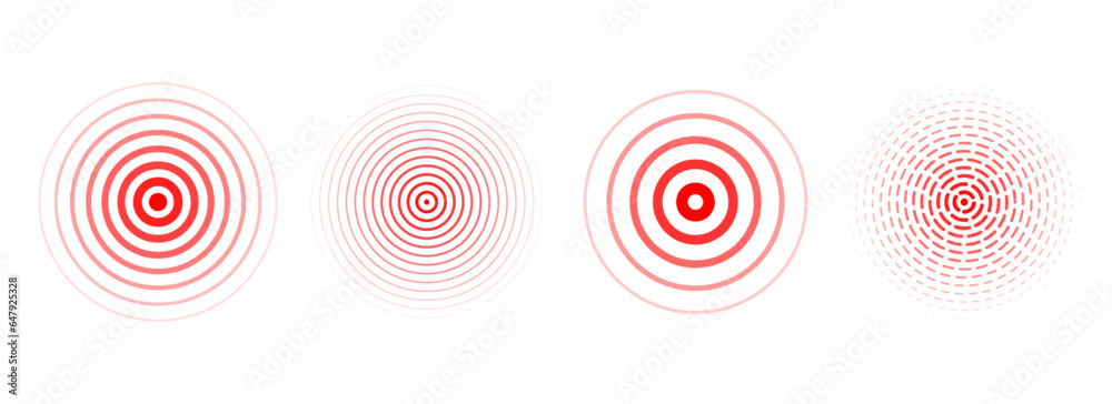 Poster red concentric ripple circles set. sonar or sound wave rings collection. epicentre, target, radar ic