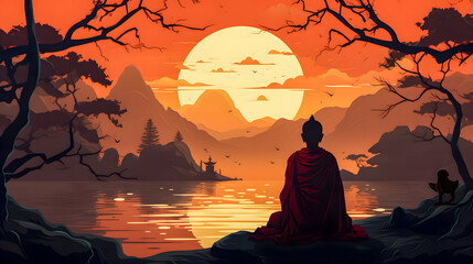 buddha at sunset, buddhism illustration. Generative AI  