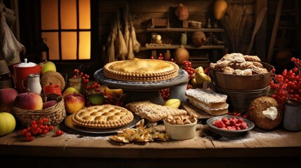 Harvest time nourishment concept Determination of pies appetizers and sweets Over see table scene over a natural wood foundation
