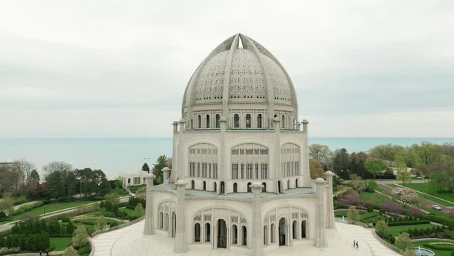 Aerial shot of Chicago White Temple House of Worship on cloudy day