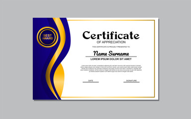 The "Certificate Template with a Blue and Gold Design" is an elegant and customizable design suitable for creating formal certificates or awards with a touch of sophistication.