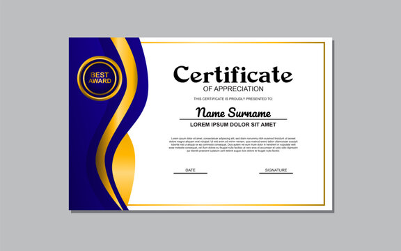 The "Certificate Template with a Blue and Gold Design" is an elegant and customizable design suitable for creating formal certificates or awards with a touch of sophistication.