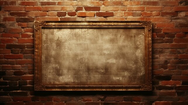 Craft a mesmerizing HD image of an ornate blank frame on a beautifully aged brick wall.