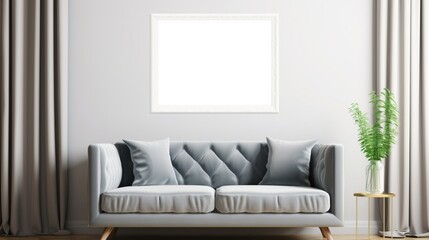 Create a stunning landscape in the blanked frame mockup on the wall in the modern living room.