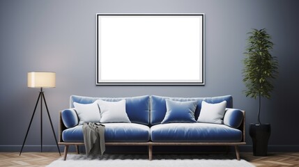 Create a stunning landscape in the blanked frame mockup on the wall in the modern living room.