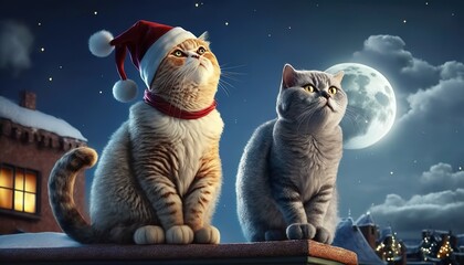 Two cats sitting on the roof Full moon night Christmas. Ai generate