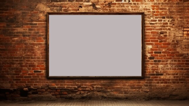 Create a visually captivating image of a blank frame on a beautifully aged brick wall.